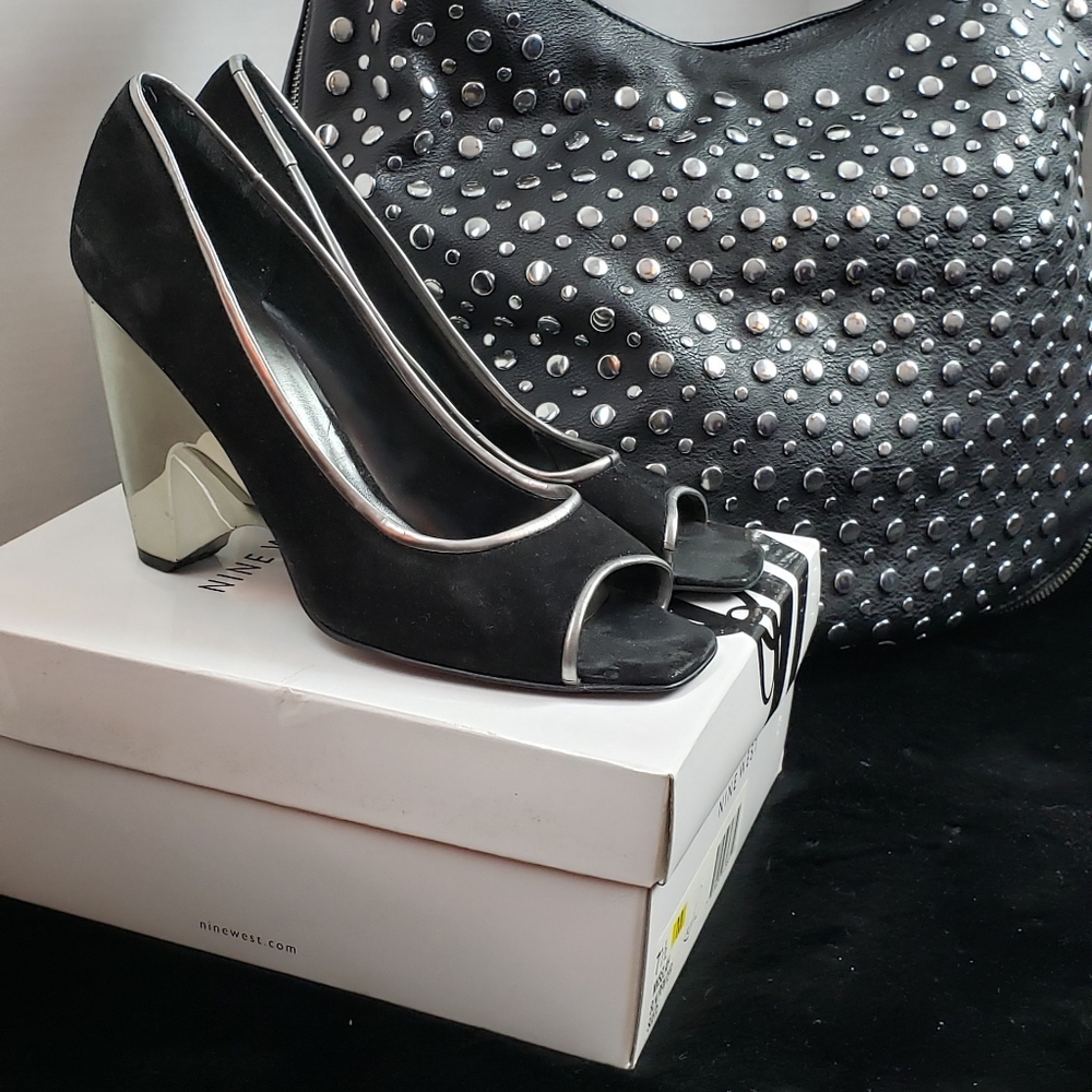 Nine West-Selah Black/Pewter Suede Open Toe Wedge